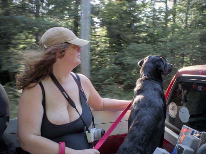 Megan and Teaser in the bed of the truck