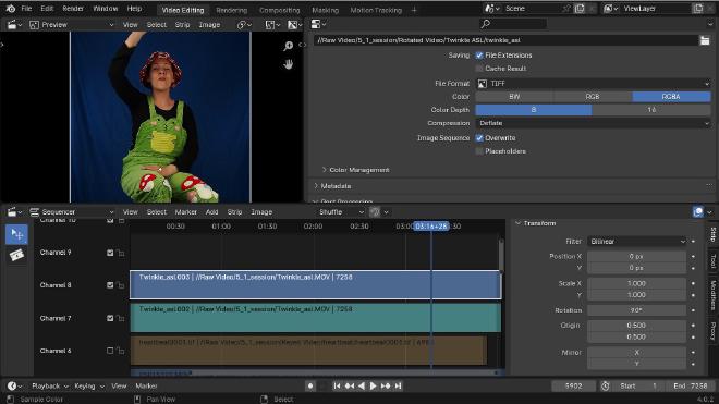 Blender&rsquo;s Video Sequence Editor set up to rotate the clips and save them as .tiff
